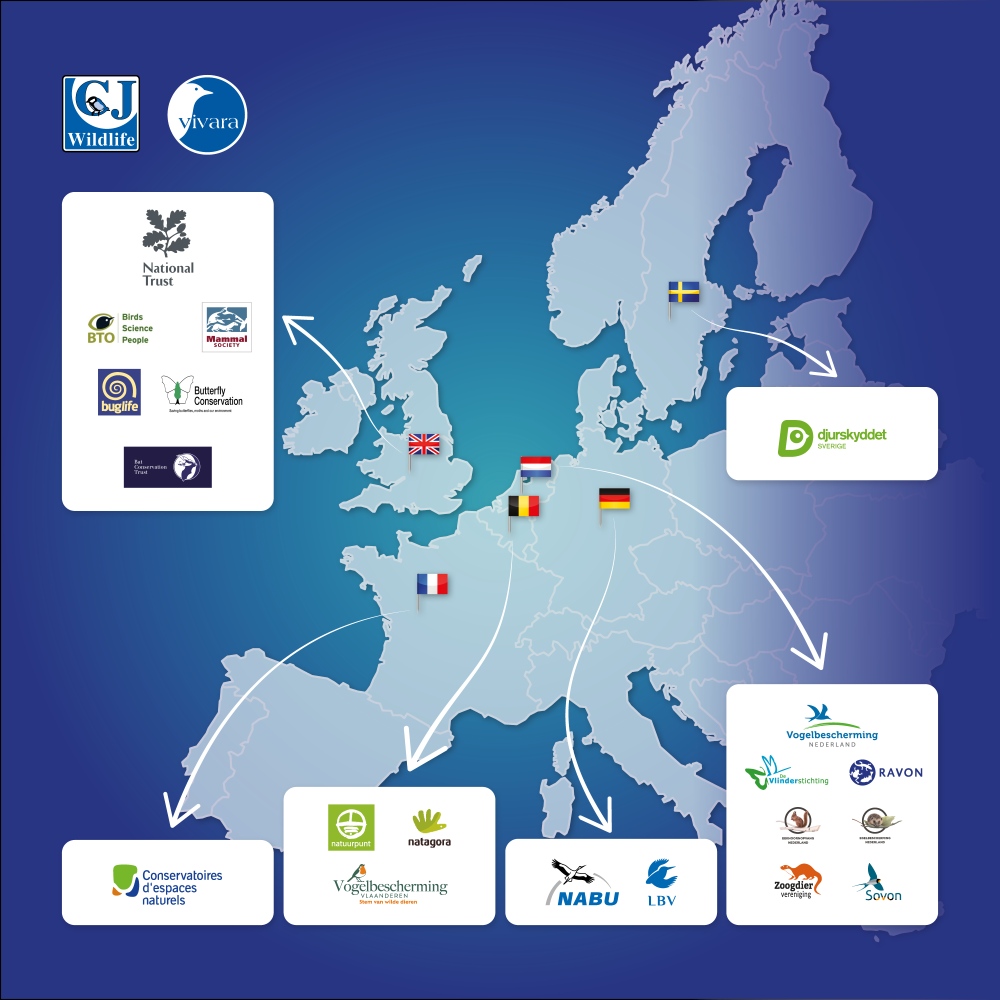 Een kaart van Europa met alle groene partners van Vivara